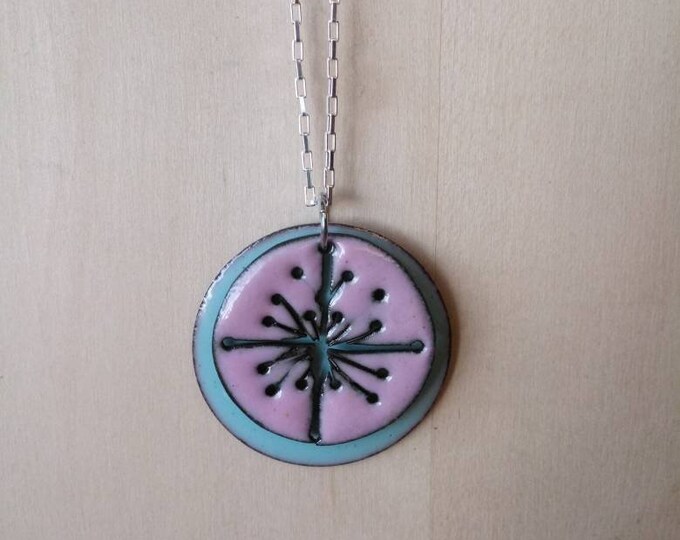 Pink and Blue Atomic Starburst Pendant: Enamel on Copper, Sterling chain