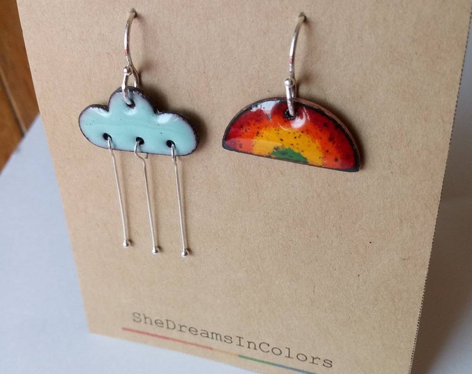 Rainbow and Rain Cloud Earrings: Enamel on Copper with Sterling Wire