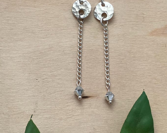 Hammered Sterling Earrings: small circles with chain and crystal bead