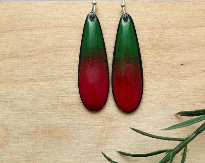 Red and Green Two Tone Earrings: Enamel on Copper
