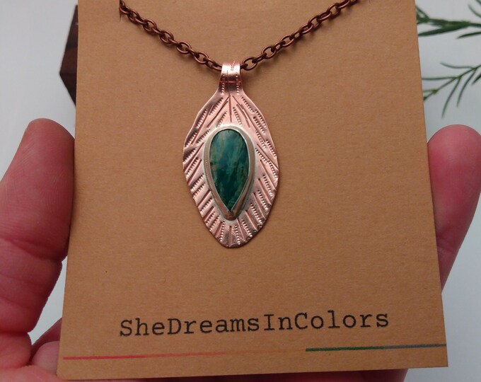 Winter Leaf Pendant: Amazonite and Copper