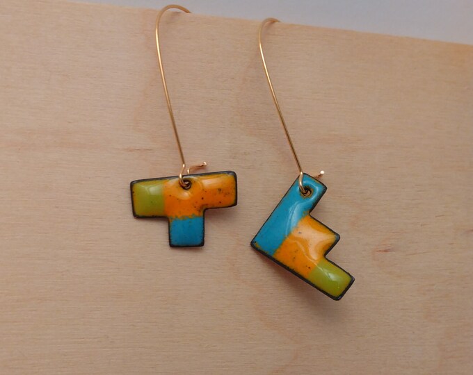 Tetris Beach Party Earrings: Enamel on Copper
