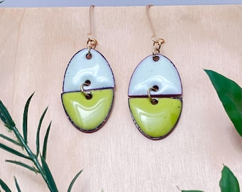 Green Oval Halfsies Earrings: Enamel on Copper