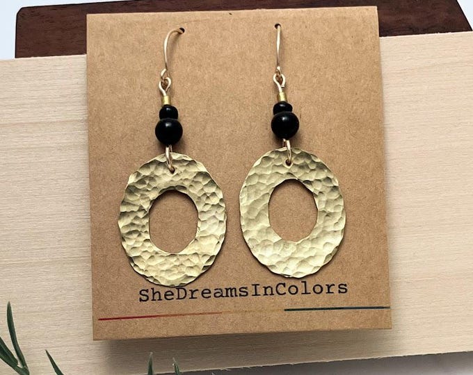 Hammered Brass Earrings: Oval hoops with black beads