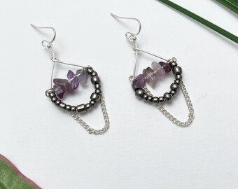 Amethyst Dreams Earrings: Wire, chain, glass, and Amethyst beads