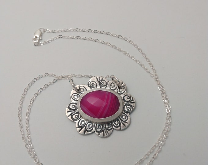 Pink Flower Power Pendant: Pink Banded Agate and Sterling Silver