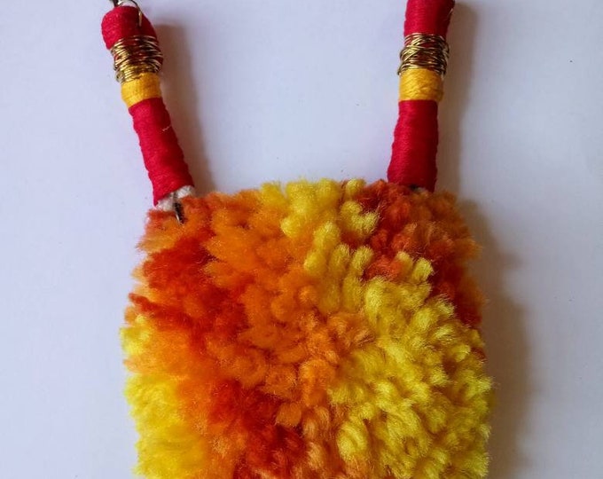 Mahnah Mahnah Muppet Latch Hook Pendant: Mixed Media (Yarn, Embroidery floss, rope, wire, brass chain)