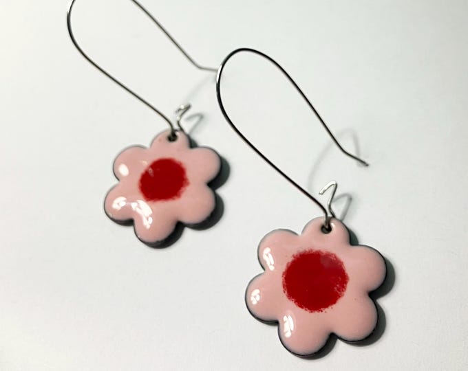 Pink Daisy Earrings: Enamel on Copper