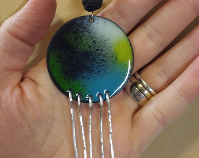 Dream Diffuser Pendant: Enamel on Copper with Silver Fringe and Lava Diffuser Beads