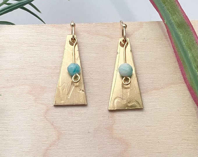 Golden Trapezoid Earrings: Embossed brass and gemstone beads