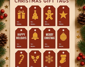 Puede incluir: Una hoja de etiquetas de regalo navideñas imprimibles con un diseño festivo. Las etiquetas marrones presentan ilustraciones doradas de un regalo, un árbol, un hombre de jengibre, una estrella, una campana, una bola, un bastón de caramelo, acebo, un copo de nieve y un calcetín. El texto incluye "Christmas Gift Tags".