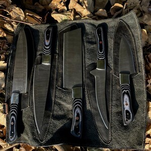 Handgefertigte Damast Kochmesser Set 5 teilig, Mkalta Holz Griff, Mit Ledertasche.