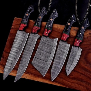 Handgefertigtes Damast-Kochmesser-Set, Naturholzgriff, Ledertasche