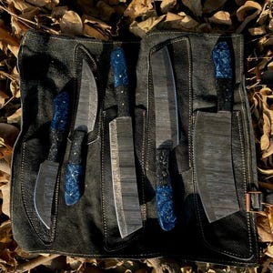 Handgeschmiedetes Damaststahl Kochmesser Set, Mkalta Holz Griff, Ledertasche