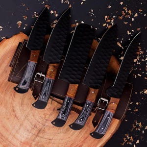 Handgefertigtes Kochmesser-Set aus D2-Stahl, Holzgriff, Ledertasche