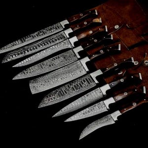 Handgefertigtes 9-teiliges Kochmesser-Set aus Damaststahl | Holzgriff