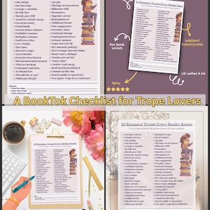 Puede incluir: Una lista de verificación imprimible titulada "50 Tropes de Romance que Todo Lector Conoce" para los amantes de BookTok. La lista incluye varios tropos románticos. La imagen también presenta un "Book Tracker" y opciones de "Descarga instantánea". El tema general son las novelas románticas.