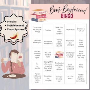 May include: A printable Book Boyfriend Bingo game with a pink and white design. The game includes various romance novel tropes. The image also features text that says "Grab your current read, favorite drink, and prepare to mentally spiral over fictional people."