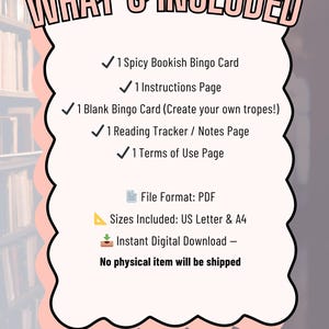 Op de afbeelding: Een digitale downloadafbeelding met de tekst "WHAT'S INCLUDED" in een roze en witte bubbel. De afbeelding bevat een bingokaart, instructies, een leestracker en gebruiksvoorwaarden. Bestandsformaat is PDF, formaten zijn US Letter & A4.