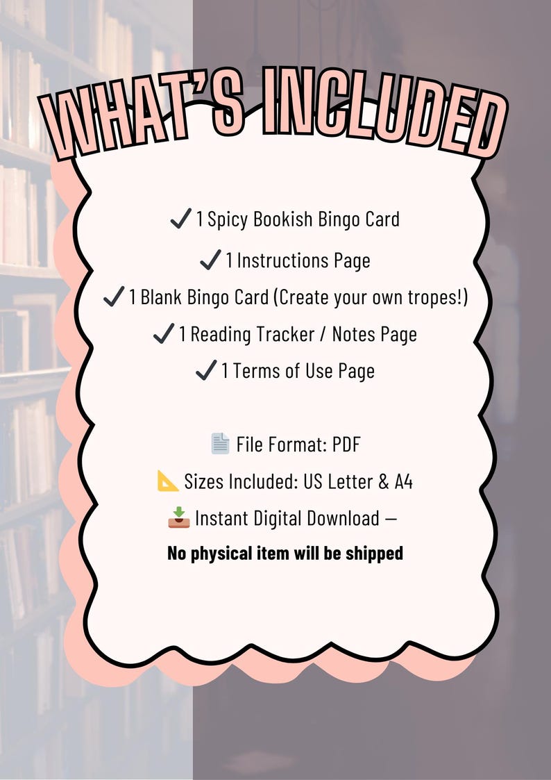 Op de afbeelding: Een digitale downloadafbeelding met de tekst "WHAT'S INCLUDED" in een roze en witte bubbel. De afbeelding bevat een bingokaart, instructies, een leestracker en gebruiksvoorwaarden. Bestandsformaat is PDF, formaten zijn US Letter & A4.