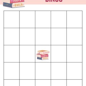 Op de afbeelding: Een witte bingokaart met een roze achtergrond, met de tekst "Book Boyfriend BINGO" in een scriptlettertype. De kaart heeft een raster van vierkanten en een stapel boeken met de woorden "Bookish Vibes Only".
