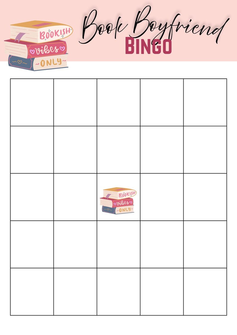 Op de afbeelding: Een witte bingokaart met een roze achtergrond, met de tekst "Book Boyfriend BINGO" in een scriptlettertype. De kaart heeft een raster van vierkanten en een stapel boeken met de woorden "Bookish Vibes Only".