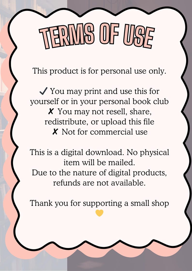 Op de afbeelding: Een digitale download afbeelding met de tekst "TERMS OF USE" in een roze, bubble-stijl lettertype. De tekst beschrijft persoonlijke gebruiksbeperkingen, inclusief printen en gebruiken voor persoonlijke boekenclubs, maar verbiedt wederverkoop, delen of commercieel gebruik.