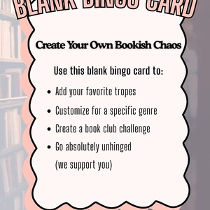 Op de afbeelding: Een blanco bingokaart met een roze en wit ontwerp, met de tekst "BLANK BINGO CARD" en "Create Your Own Bookish Chaos". Instructies omvatten het toevoegen van je favoriete tropes, aanpassen voor een specifiek genre en het cre&euml;ren van een boekenclubuitdaging.