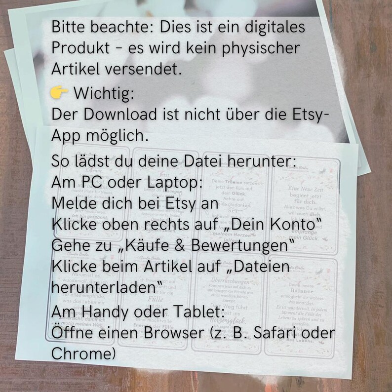 May include: A white paper with German text detailing digital product download instructions from Etsy. The text includes steps for downloading on a PC or laptop and on a mobile device or tablet.