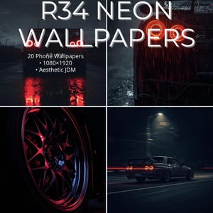 May include: A digital art composition featuring a car with neon lights. The image includes the text "R34 NEON WALLPAPERS" and details about the wallpapers, including the resolution and aesthetic. The image has a dark, moody aesthetic.