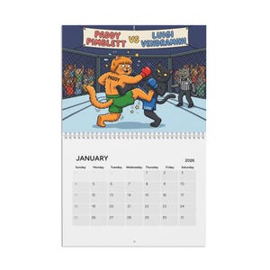 Puede incluir: Calendario de 2026 con una ilustración de dos gatos en un ring de boxeo. El gato naranja, "PADDY", patea al gato negro, "LUIGI". El calendario muestra el mes de enero.