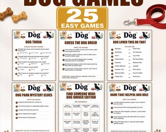 Lot de jeux pour chiens, 25 jeux imprimables pour une fête d'amoureux des chiens, activités pour un anniversaire de chiot, quiz sur les animaux de compagnie (format A4, PDF).