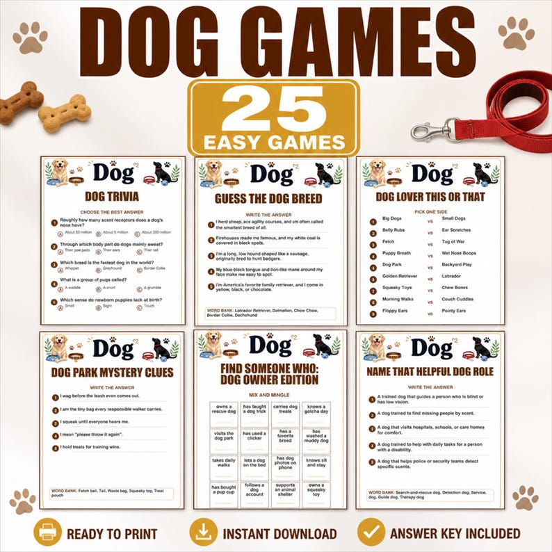 Peut inclure: Un ensemble de six feuilles de jeux imprimables intitul&eacute;es Dog Games 25 Easy Games, comprenant des quiz, devinettes de races, choix, indices, et activit&eacute;s de r&ocirc;le, accompagn&eacute;es de deux friandises en forme d'os et d'une laisse rouge.