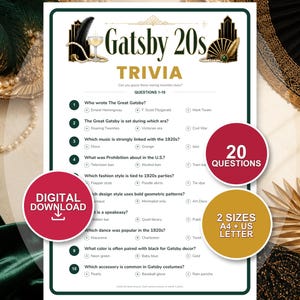 May include: A Gatsby 20s trivia game sheet featuring ten multiple-choice questions about the 1920s era. The document includes a header with the title Gatsby 20s Trivia, decorative gold and black graphics, and circular overlays stating 20 questions, digital download, and 2 sizes A4 + US letter.