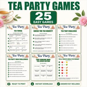 May include: A digital printable set of 25 tea party games featuring six distinct activity sheets including trivia, guess the tea variety, tea tray challenge, mini challenges, find someone who, and emoji pictionary, all decorated with floral accents.
