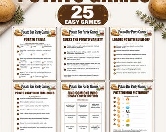 Lot de jeux pour une fête autour de la pomme de terre : 25 jeux de bar à pommes de terre au four à imprimer, activités gourmandes pour adultes et enfants, format A4 (PDF).