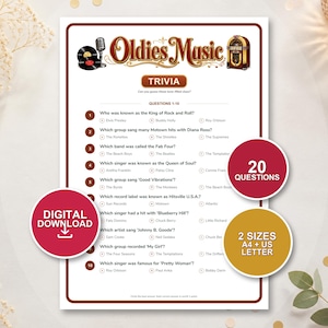 May include: A white trivia game sheet titled Oldies Music with a microphone, vinyl record, and jukebox graphic. It features ten multiple-choice questions, a red circle stating 20 Questions, a gold circle stating 2 Sizes A4 + US Letter, and a Digital Download icon.