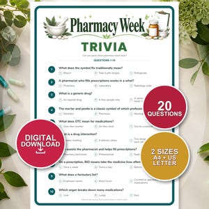 May include: A Pharmacy Week trivia game sheet featuring ten multiple-choice questions about pharmacy practices. The document includes a header with illustrations of a mortar, pestle, and pill bottle. Overlaid are red and gold circles stating 20 questions, digital download, and 2 sizes A4 and US letter.