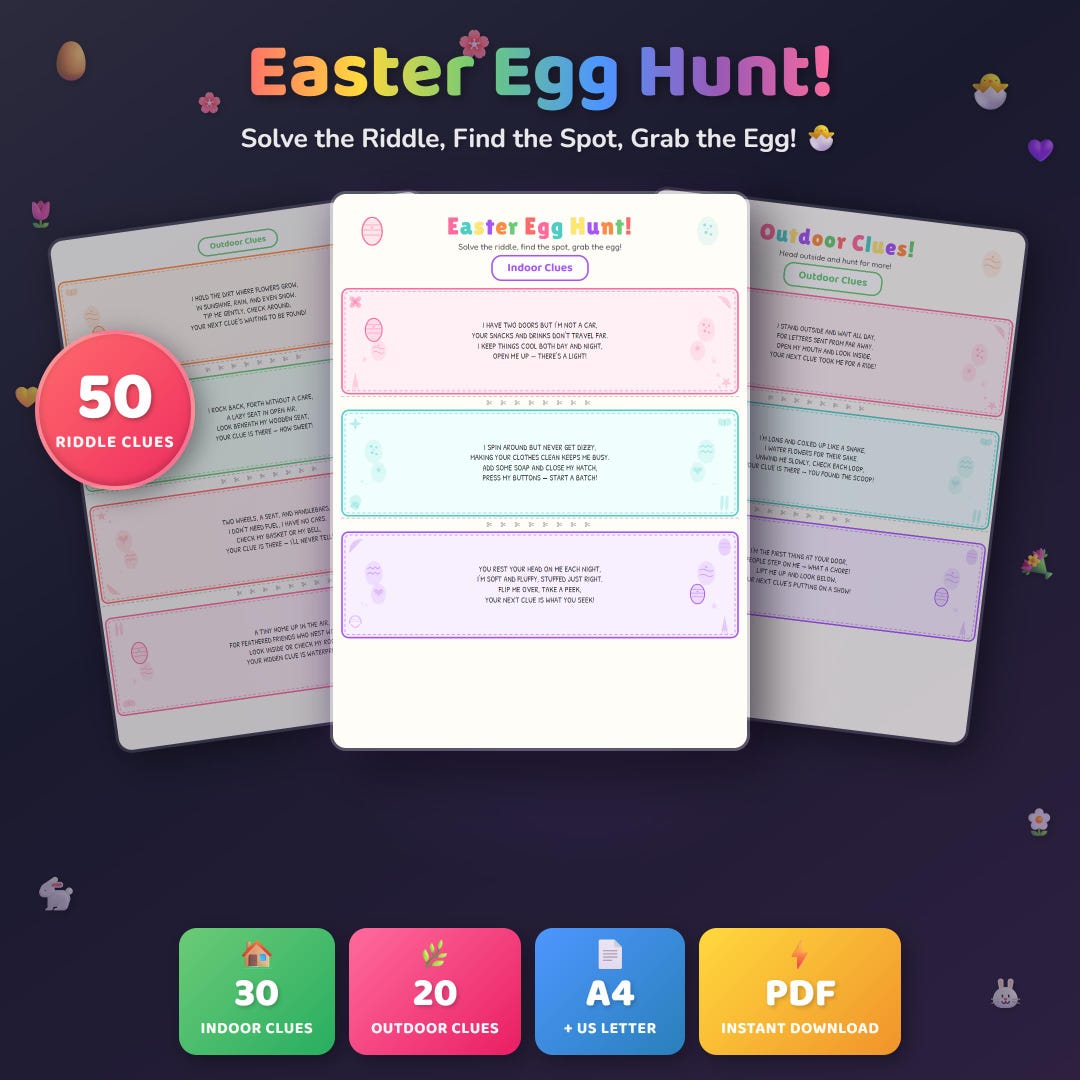 Easter Egg Hunt Riddle Clue Cards | 50 Indoor Outdoor Game (PDF ...