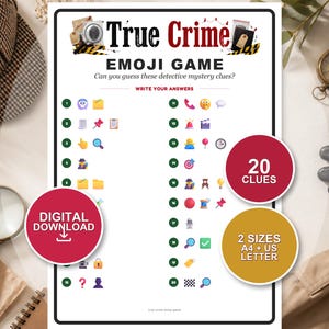 Può includere: Un foglio stampabile True Crime Emoji Game con venti indizi di mistero investigativo numerati rappresentati da vari emoji, con il testo True Crime Emoji Game, Can you guess these detective mystery clues?, Write your answers, 20 Clues, Digital Download, e 2 Sizes A4 + US Letter.