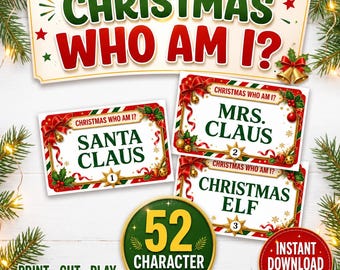 Christmas Who Am I Game Printable, 52 Character Cards, Family Holiday Party Game, Kids and Adults PDF