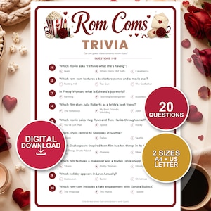 May include: A Rom Coms Trivia game sheet featuring ten multiple-choice questions about romantic movies. The document includes a header with illustrations of popcorn, a lipstick, and an envelope. Overlaid are circular badges stating 20 Questions, Digital Download, and 2 Sizes A4 + US Letter.