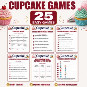 May include: A set of 25 printable cupcake-themed party games featuring six distinct activity sheets: Cupcake Trivia, Guess the Cupcake Flavor, Cupcake Build-Off Challenge, Cupcake Party Mini Challenges, Find Someone Who, and Cupcake Emoji Pictionary.