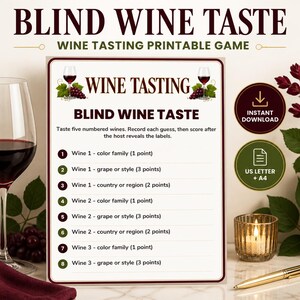 May include: A white printable game card titled BLIND WINE TASTE with dark red text and graphics of wine glasses and grapes. The card lists scoring categories for five wines, including color family, grape or style, and country or region points.