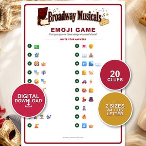 Op de afbeelding: Een wit printbaar spelblad getiteld Broadway Musicals Emoji Game met twintig genummerde regels met emoji-aanwijzingen. Het document bevat tekst met 20 Clues, Digital Download en 2 Sizes A4 + US Letter, met een kastanjebruine rand.
