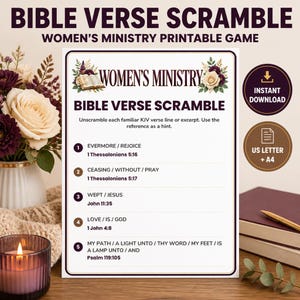 May include: A printable Bible Verse Scramble game sheet for a ministry, featuring dark purple text on a white background with floral accents. The sheet lists five scrambled KJV verse excerpts with references, including 1 Thessalonians 5:16, 1 Thessalonians 5:17, John 11:35, 1 John 4:8, and Psalm 119:105.