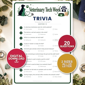 May include: A Veterinary Tech Week trivia game sheet featuring ten multiple-choice questions, decorative paw prints, and medical icons. The document includes text labels for digital download, 20 questions, and two sizes, A4 and US Letter, for printing.