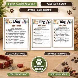 Peut inclure: Un ensemble de jeux-questionnaires imprimables sur les chiens, comprenant des questions &agrave; choix multiples sur la biologie et les races canines. Le kit inclut un guide de l'animateur et une cl&eacute; de r&eacute;ponse, avec des formats pour lettre et A4.