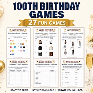 Pacchetto di giochi per il 100° compleanno, 27 giochi stampabili per la festa, download immediato, formato A4, 1 per 2 giocatori, con soluzioni.