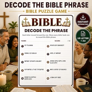 May include: A printable Bible puzzle game sheet titled DECODE THE BIBLE PHRASE. The white page features a dark border, two cross and open book illustrations, and ten numbered lines with encrypted text. It includes fields for Name and Score.
